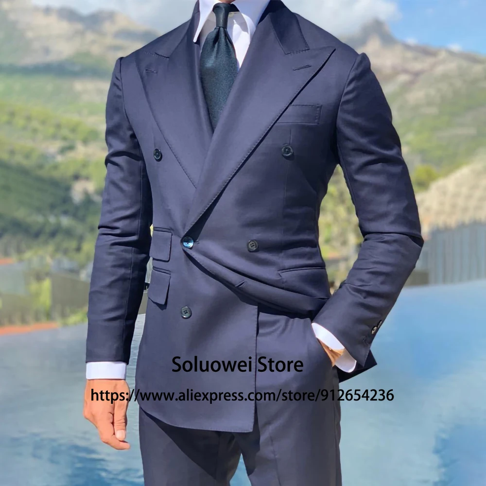 Top Trends: Navy Blue Double Breasted Tuxedo Groom Wedding Peaked Lapel 2 Piece Jacket Pants Set Costume Homme Formal Slim Fit Mens Suits Shoppable Styles