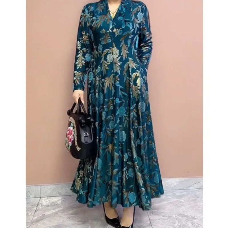 Top Trends: Women&#039;s Autumn Winter New Fashion Elegant V-neck Pullover Print Pocket Casual And Versatile Long Sleeved Loose Mid Length Dress Shoppable Styles