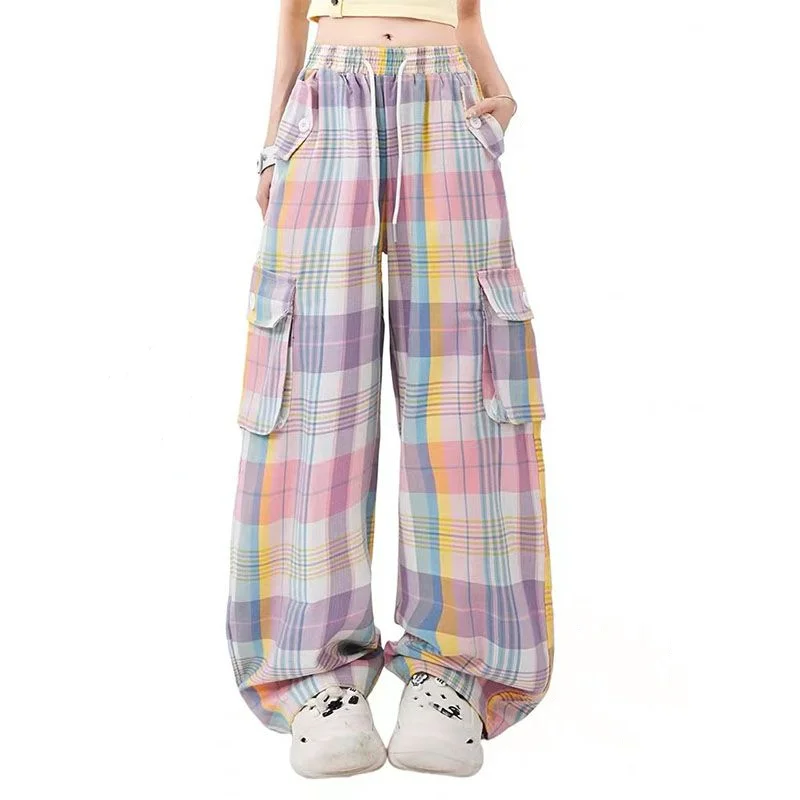 Top Trends: High Waist Drawstring Dopamine Wearing Workwear Pants American Retro Colorful Plaid Pockets Sweet Cool Trendy Straight Trousers Shoppable Styles