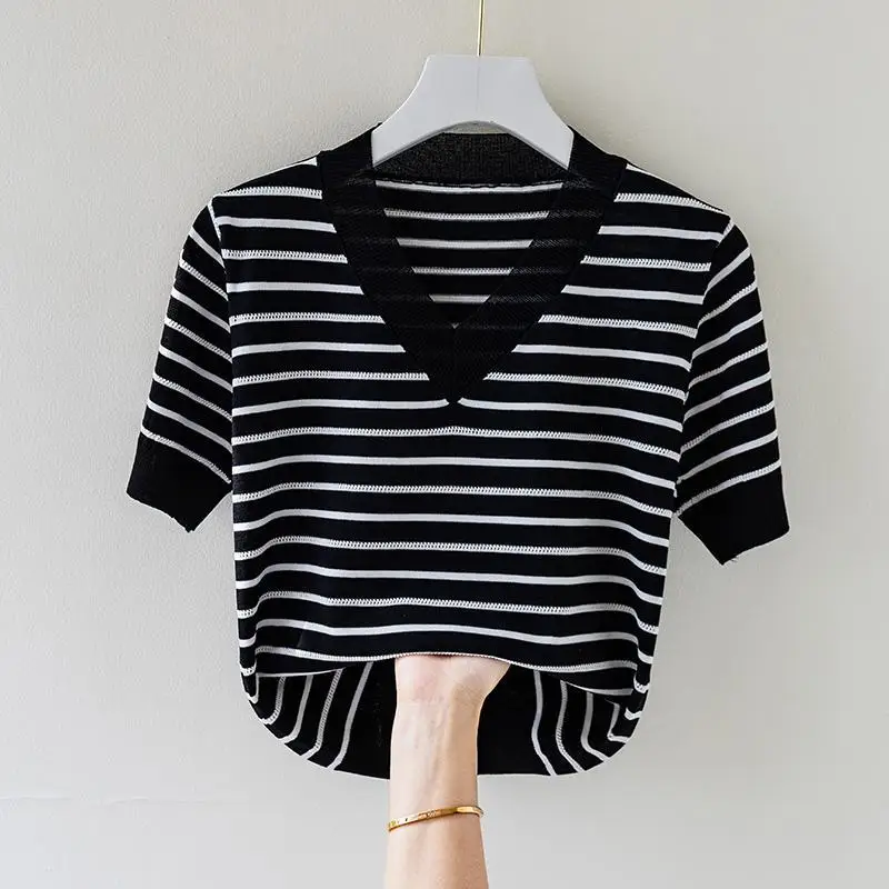 Top Trends: Stripe Versatile Pullover Female Knitted T-Shirt Summer Short Sleeve V-Neck Tees Korean Clothing Fashion Women Casual Tops 2023 Shoppable Styles