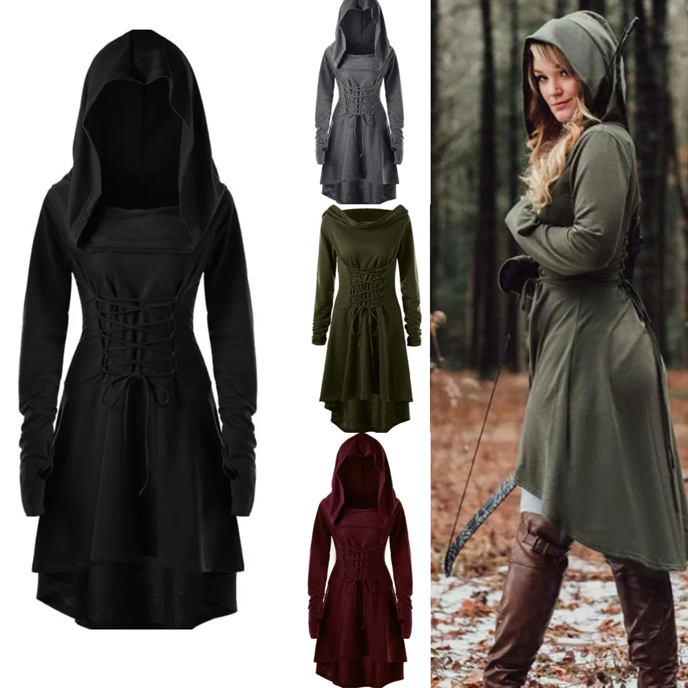 Top Trends: Medieval Women Archer Costume Long Sleeve Hooded Pixie Cosplay Dress Renaissance Femal Hunter Larp Robe Bandage Plus Size S-4XL Shoppable Styles