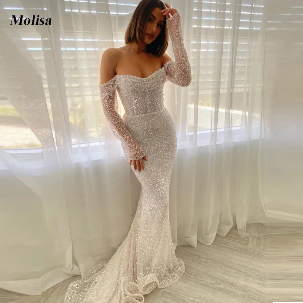 Top Trends: Boho Off-Shoulder Wedding Dress Mermaid Sequined Long Sleeves Bride Dresses For Women 2023 Country Bridal Gown Shoppable Styles