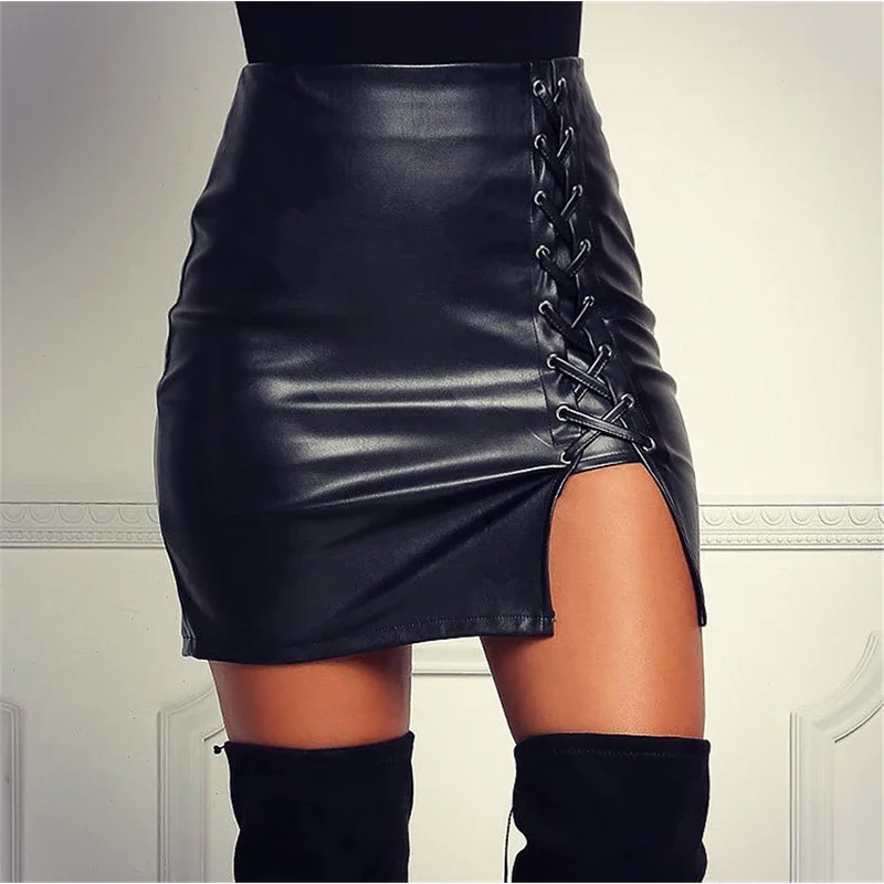 Top Trends: Black Lace Up PU Leather Skirts Autumn Spring Women Side Split Pencil Skirts Vintage Bodycon High Waist Mini Skirt Shoppable Styles