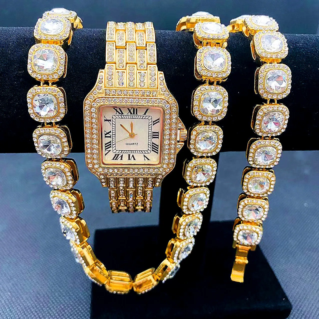 Top Trends: Luxury Iced Out Watches For Women Gold Watch Sliver Link Chains Bracelet Necklace Bling Bling CZ Jewelry Women Watch Set Relojes Shoppable Styles