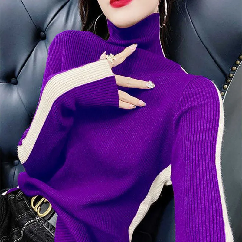 Top Trends: Fashion Turtleneck Knitting Spliced All-match Sweater Women&#039;s Clothing 2022 Autumn New Casual Pullovers Loose Korean Tops Shoppable Styles