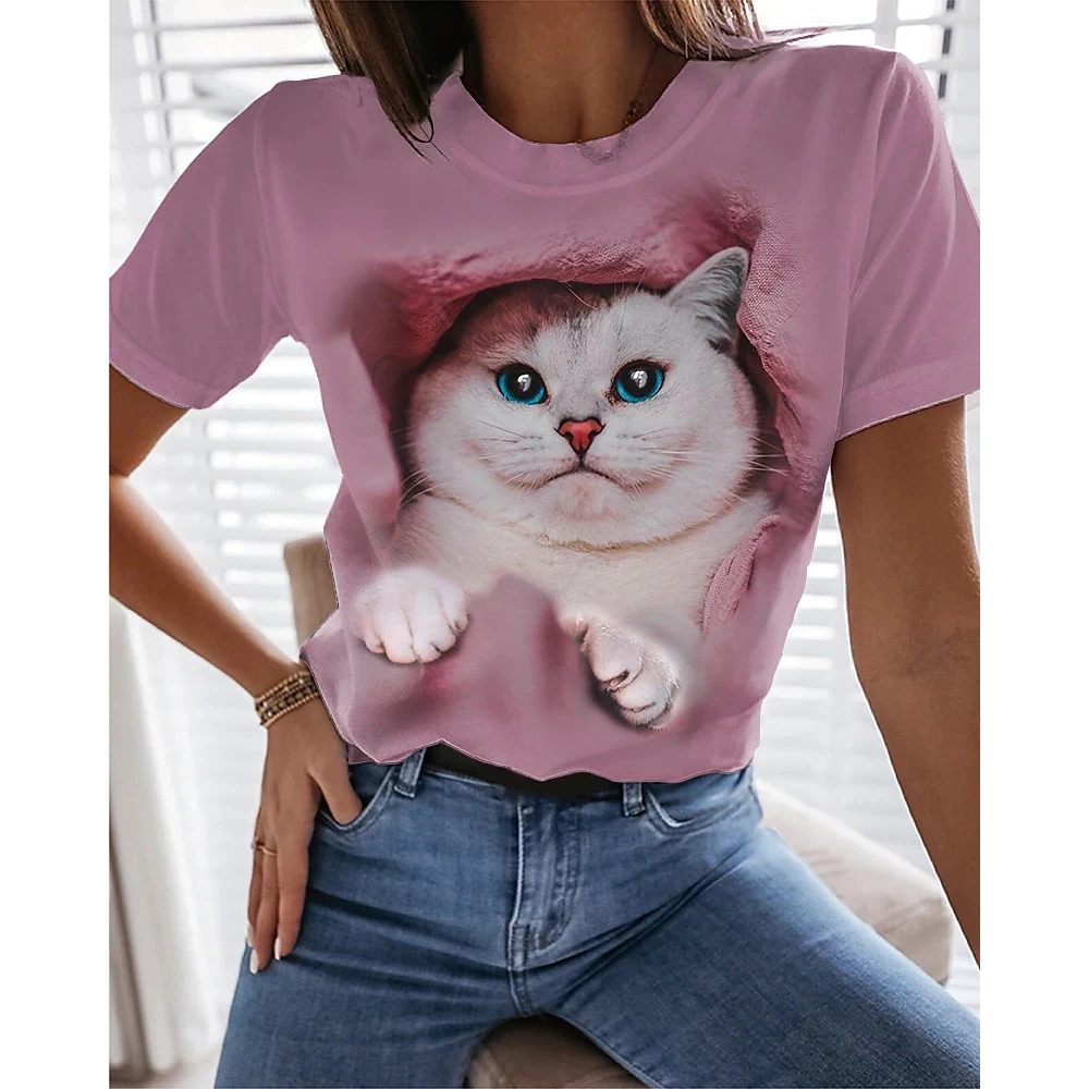 Top Trends: Fashion Kitten Print Women's T-Shirt Street Trend Harajuku Short Sleeve Tee Funny Animal Pattern Girl Top Casual O-neck Pullover Shoppable Styles