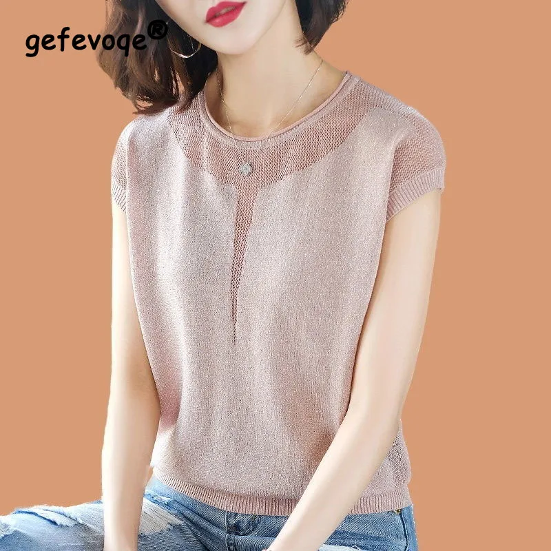 Top Trends: Summer New Bright Silk Female Clothes 2023 Round Neck Hollow Out Casual Tops Women Ice Floss Loose Knitting T-shirt Shoppable Styles