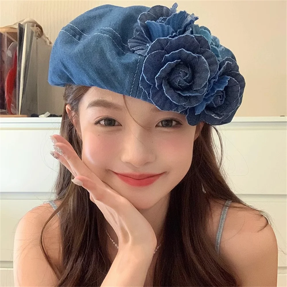 Top Trends: Y2K Korean Designer Vintage Elegance Denim Blue Camellia Beret Hats For Women Spring Summer Femininity Niche Casual Painter Caps Shoppable Styles