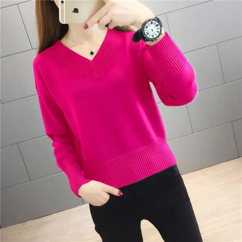 Top Trends: Fashion V-Neck Solid Color Knitted Loose Korean Sweaters Women&#039;s Clothing 2022 Autumn New Oversized Casual Pullovers Warm Tops Shoppable Styles