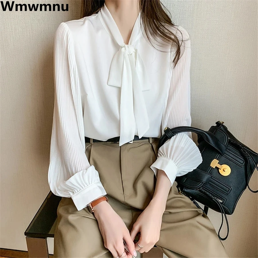 Top Trends: Bow White Fairy Chiffon Korean Shirts Women&#039;s New Long Sleeve Tops Work Wear Lightweight Blousa Korean Casual Elegant Blouses Shoppable Styles