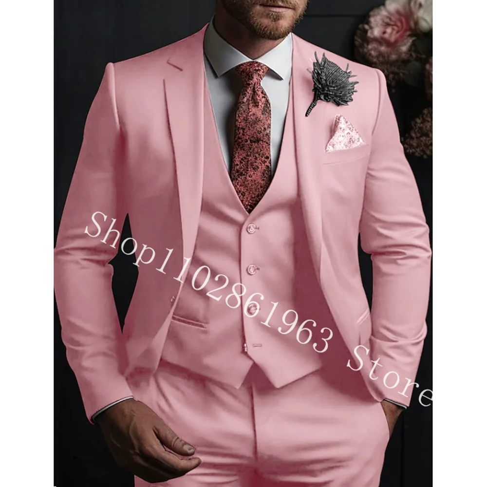 Top Trends: New Pink Men&#039;s 3 Pieces Suits Formal Business Slim Fit Tuxedos Best Men Blazer For Wedding Jacket+ Vest+ Pants Trajes De Hombre Shoppable Styles