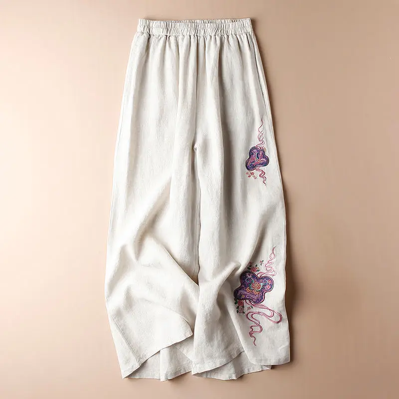 Top Trends: Korean Summer New Women Cotton Linen Embroidered Wide Leg Pants Solid High Waist Casual Fashion Loose Thin Straight Trousers Shoppable Styles