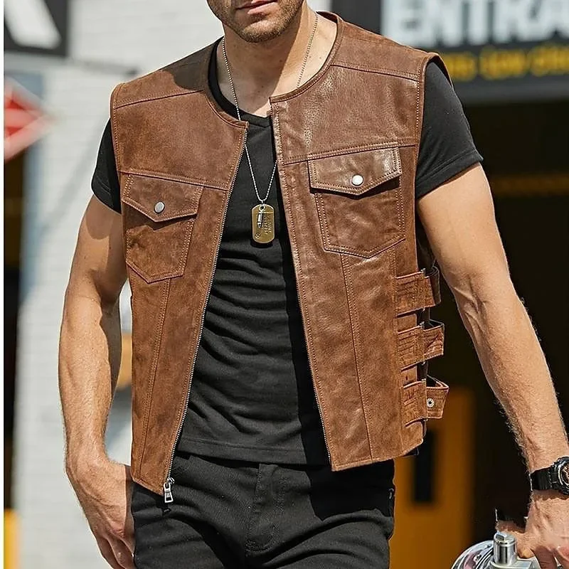 Top Trends: Men Vintage Brown Motorcycle Vests Zipper Pockets Leather Jacket Sleeveless Men&#039;s Riding Vest Motor Biker Jackets Shoppable Styles