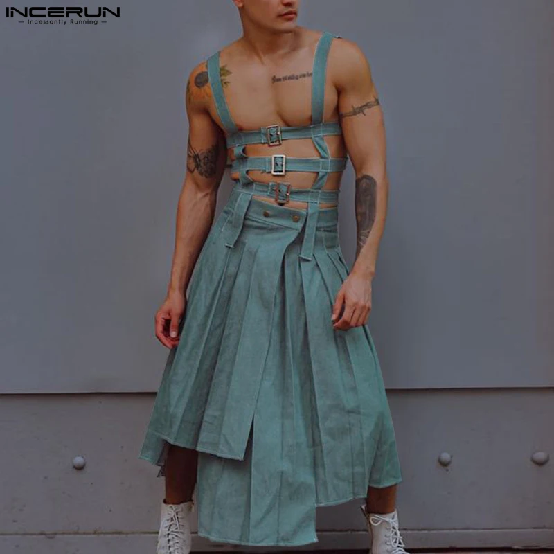 Top Trends: 2023 Men Irregular Skirts Jumpsuits Solid Color Hollow Out Straps Men Pants Streetwear Personality Male Skirts S-5XL INCERUN Shoppable Styles