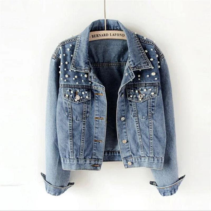 Top Trends: Beading Woman Denim Jacket 2023 Spring Autumn New Streetwear Rivet Long Sleeve Top Casual Beaded Pearls Loose Jeans Coat Clothes Shoppable Styles