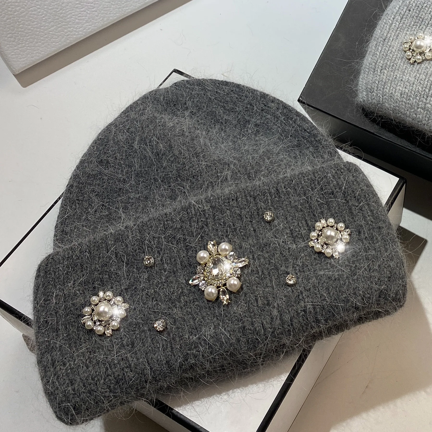 Top Trends: Designer Brand Women Luxury Rhinestones Knitted Hat Autumn Winter Rabbit Fur Beanie Cap Female Thicken Warm Skullies Caps Shoppable Styles - Image 6