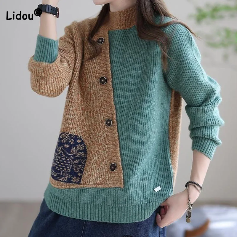 Top Trends: Vintage Half High Collar Sweaters For Female Autumn Winter Women&#039;s Clothing Fashion Loose Spliced Long Sleeve Knitted Pullovers Shoppable Styles