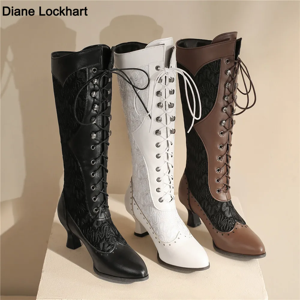 Top Trends: Women Victorian Pointed Toe Mid-Calf Boots Leather Lace Hollow Out Punk Lace Up Strange Steampunk High Heel Shoes Plus Size32-43 Shoppable Styles