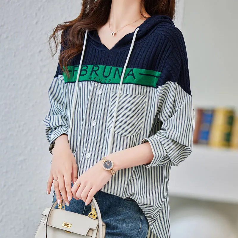 Top Trends: Korean Loose Hooded Striped Blouse Women's Clothing Letter Knitted Patchwork 2023 Spring Autumn Casual Drawstring Pockets Shirt Shoppable Styles - Image 4