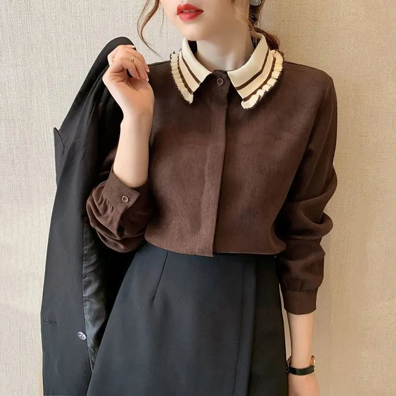 Top Trends: Sweet Peter Pan Collar Button Spliced Bow Shirts Women's Clothing 2023 Autumn Winter Loose Casual Tops Korean Blouses Shoppable Styles