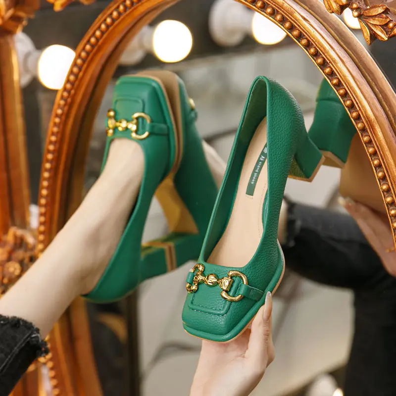 Top Trends: Women's Mid-heel 5.5CM 2022 Summer French Style Back Empty Female Thick Heel Square Toe Mary Jane Shoes Black Green Talon Femme Shoppable Styles