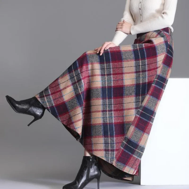 Top Trends: Autumn Winter New Fashion Print Woolen Half Skirt Simple Versatile Temperament Patchwork Pockets Mid Length Plaid A-line Skirt Shoppable Styles