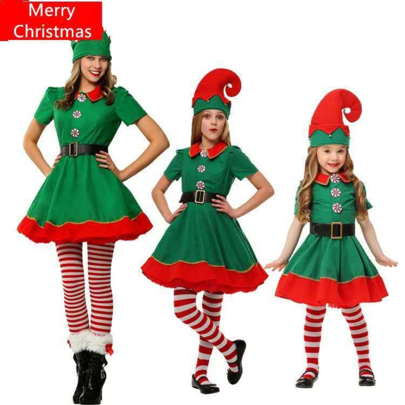 Top Trends: Child Womens Holiday Elf Costume Dress And Hat For Women Girls Christmas Dress Children Adult Dance Party Halloween Cosplay Shoppable Styles