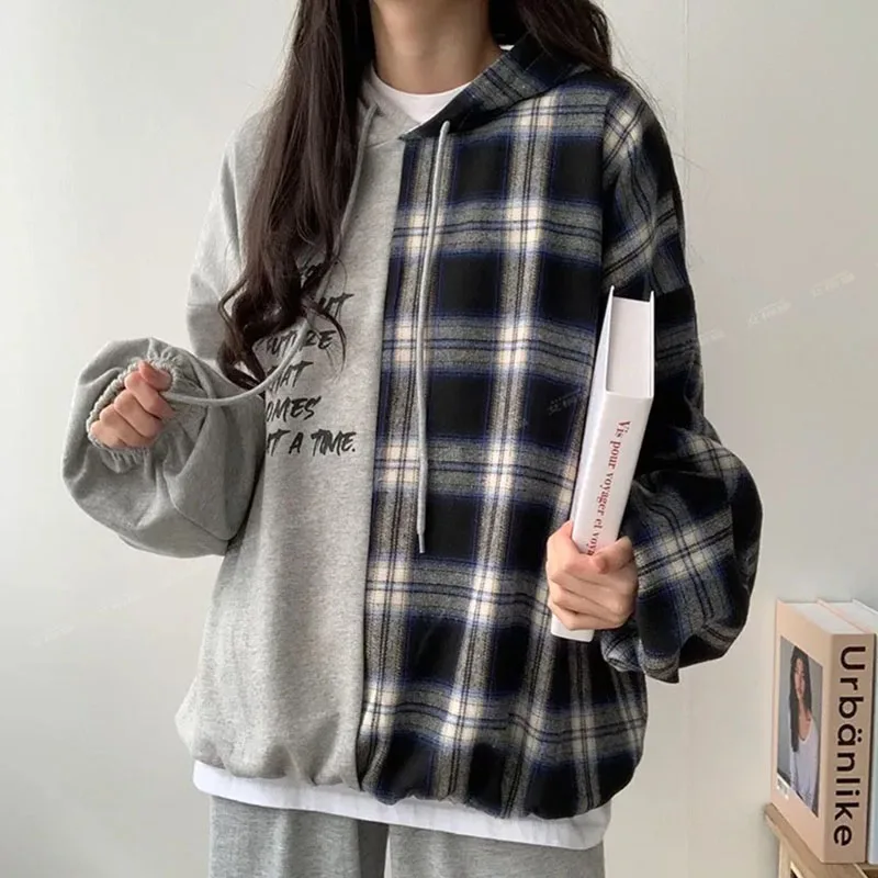 Top Trends: Fashion Printing Spliced Plaid Lace Up Hooded Sweatshirts Female Clothing 2023 Winter Loose Casual Tops Korean Warm Sweatshirts Shoppable Styles