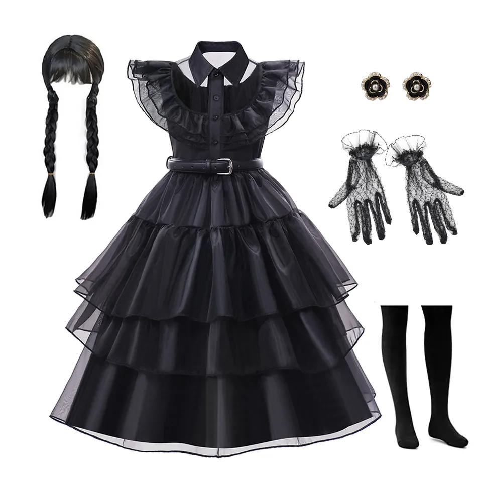 Top Trends: Ruched Puffy Black Prom Dress For Teenager Girls Wednesdays Cosplay Costume Big Kid Halloween Addams Family Disguise Gothic Robe Shoppable Styles