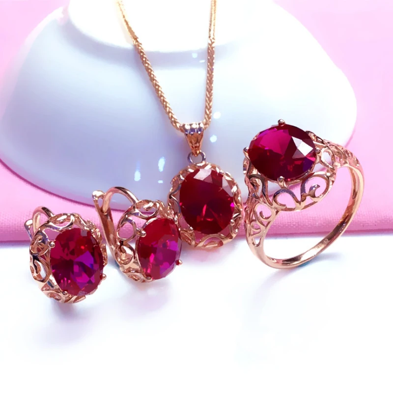 Top Trends: Luxury 585 Purple Gold Inlaid Ruby Jewelry Set Hollow Design 14K Rose Gold Wedding Necklaces Rings Earrings For Girlfriend Shoppable Styles