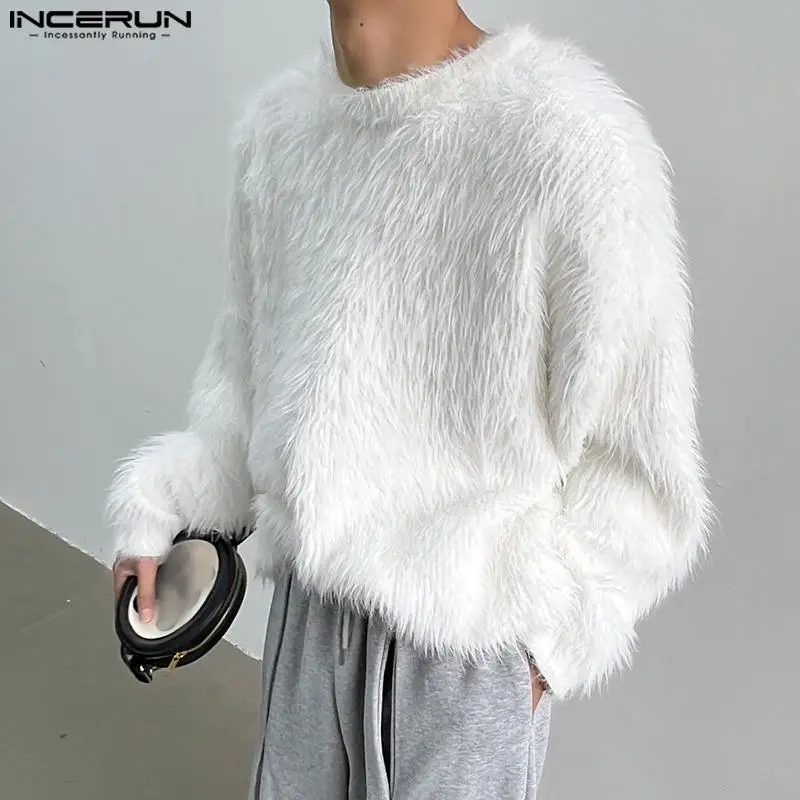 Top Trends: INCERUN Tops 2023 Korean Style New Mens Loose Imitation Plush Fabric Pullover Casual Streetwear Solid Long Sleeved Sweater S-5XL Shoppable Styles