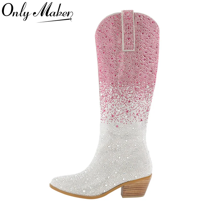 Top Trends: Onlymaker Women Pointed Toe Rhinestone Knee High Western Cowgirl Boots Glitter Bling Shiny Block Heel Lady Boots Shoppable Styles