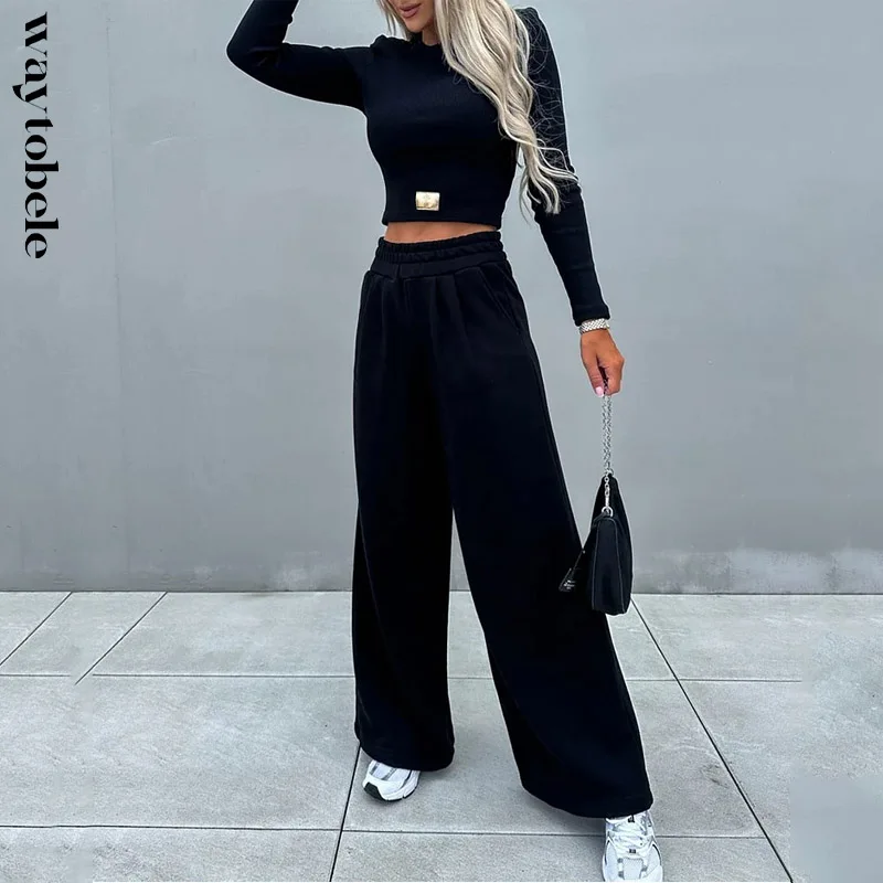 Top Trends: Waytobele Women 2 Piece Set Autumn Casual Sport Solid Round Neck Long Sleeve High Waist Short Top Wide Legs Pants Set Tracksuit Shoppable Styles