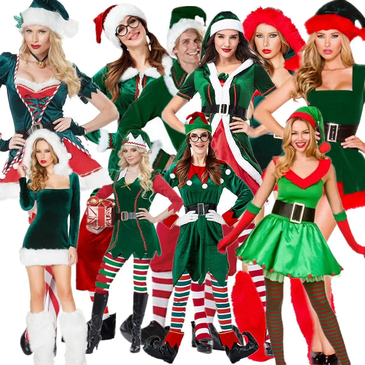 Top Trends: Deluxe Adult Christmas Green Elf Fancy Dress Xmas New Year Masquerade Santa Claus Couple Cosplay Costume Full Set Shoppable Styles