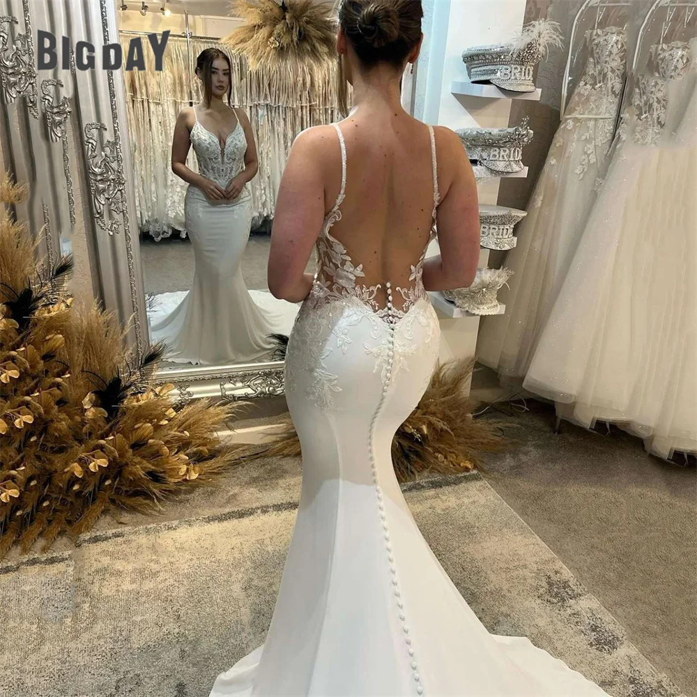 Top Trends: Elegant Mermaid Wedding Dress Women V-Neck Lace Open Back Spaghetti Straps Sleeveless Bridal Gown Sweep Train Vestidos De Noiva Shoppable Styles