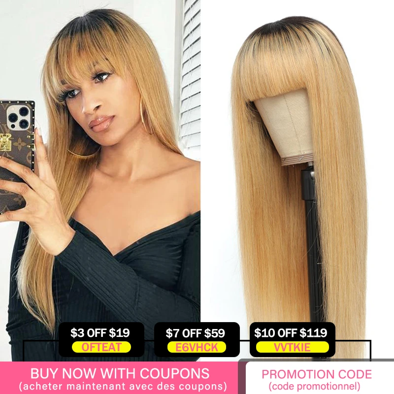 Top Trends: Ombre Honey Blonde Brazilian Straight Human Hair Wigs With Bangs For Black Women IJOY Full Machine Made Wig Remy Human Hair Wigs Shoppable Styles