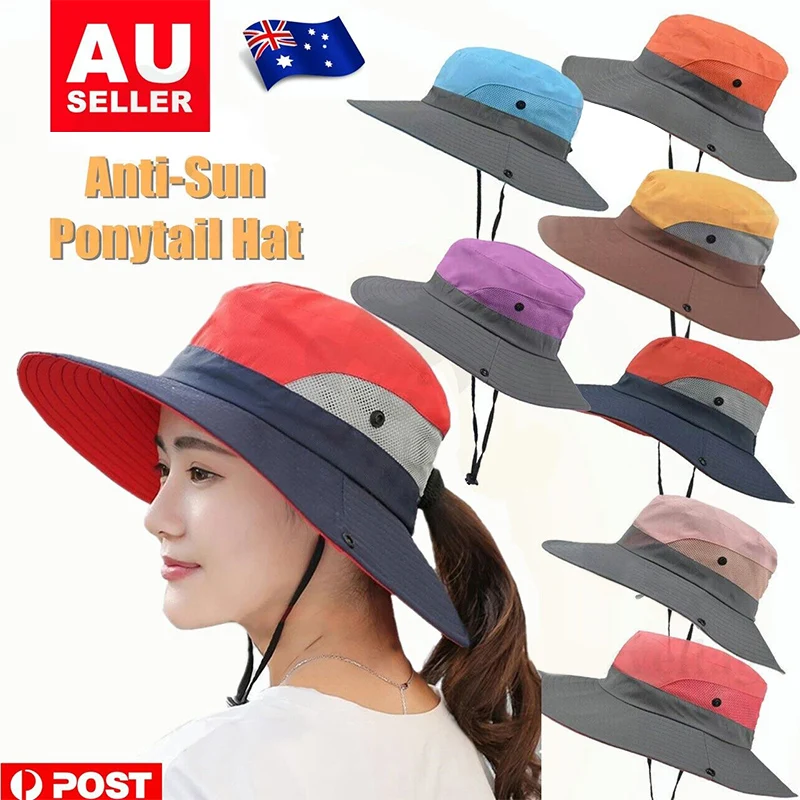 Top Trends: Women Wide Brim Ponytail Hat Summer Beach Cap Anti-Uv Tourism Climbing Fisherman Hat Men Outdoor Sunshade Cap 22-23in Polyester Shoppable Styles