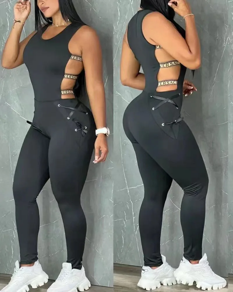 Top Trends: Women's Hollow Out Jumpsuit Summer Clothes Sleeveless Sexy Ladder Yoga Seamless Gym Skinny Casual Daily Long Jumpsuit 2023 Shoppable Styles