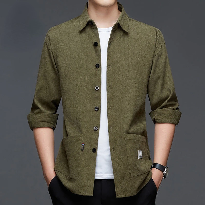 Top Trends: Spring Autumn Men Corduroy Solid Shirt Korean Fashion Streetwear Male Clothes Long Sleeve Button Pocket Business Loose Coat Tops Shoppable Styles