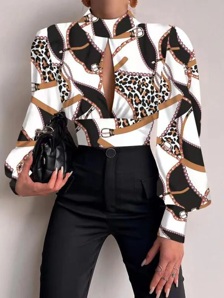 Top Trends: Women Sexy Backless Hollow Print Shirts Fashion Party Crop Top 2024 Spring Casual Stand Long Sleeve Office Lady Blouses And Top Shoppable Styles - Image 6