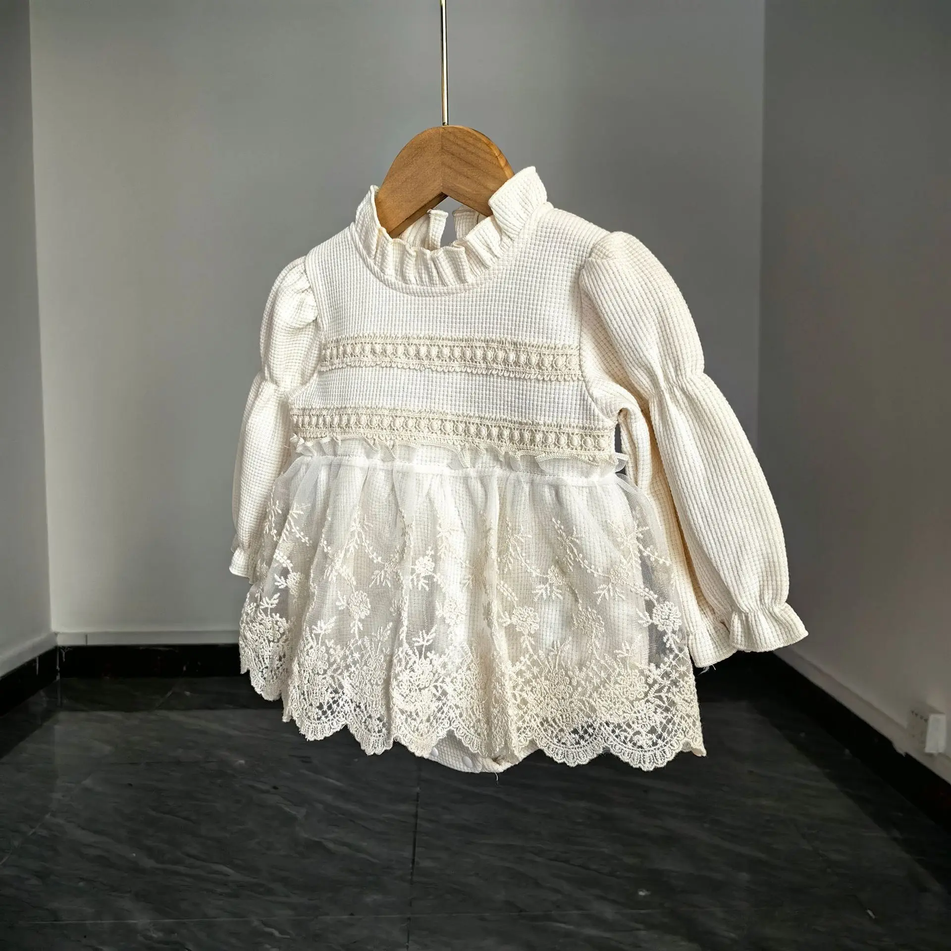 Top Trends: 2023 Autumn Girl Infant Lace Embroidery Flower Fashion Long Sleeves Bodysuit Dress Newborn Baby Cotton Ruffle Mesh Solid Onesie Shoppable Styles