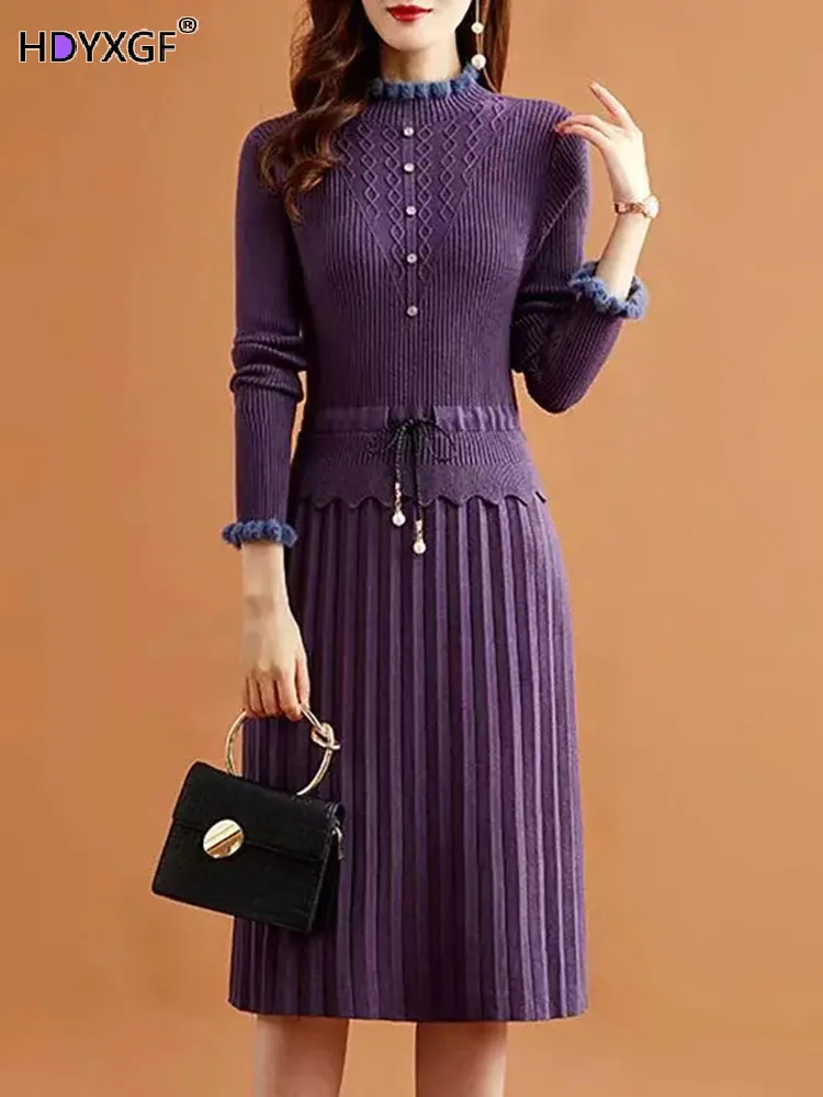 Top Trends: Casual Fake Two Pieces Pleated Knitted Dress Women Vintage Long Sleeve Bottoming Sweater Dresses Fall Elegant Slim Midi Vestidos Shoppable Styles