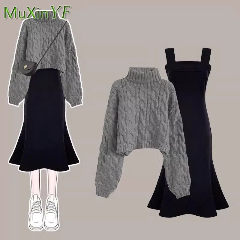 Top Trends: Women&#039;s Autumn Winter Loose High Neck Knitted Sweater Suspender Dress Two-piece Korean Elegant Pullover Strap Skirt Matching Set Shoppable Styles