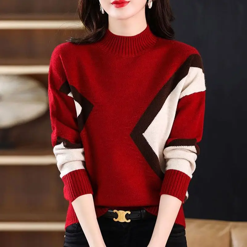 Top Trends: Autumn Winter Vintage Geometric Spliced Sweaters Women's Stylish Half High Collar Chic Screw Thread Contrasting Colors Jumpers Shoppable Styles