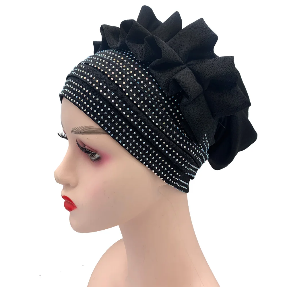 Top Trends: 2023 New Ruffled Turban Cap For Women Shiny Diamonds Lady Head Wraps African Headtie Party Headgear Muslim Headscarf Bonnet Shoppable Styles