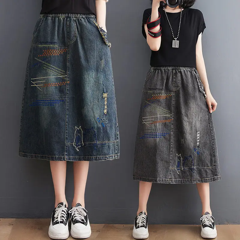 Top Trends: Grinding White Hole Embroidery Washed Denim Skirt Loose Women&#039;s Elastic Waist Vintage Jeans A-Line Skirt Mujer Faldas H849 Shoppable Styles