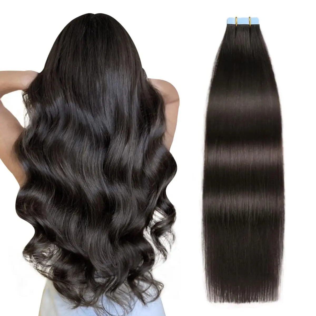 Top Trends: Straight Tape In Hair Extensions 100% Human Hair Skin Weft PU Seamless Double Sides Tape Natural Black 20Pcs 50g / Pack For Women Shoppable Styles