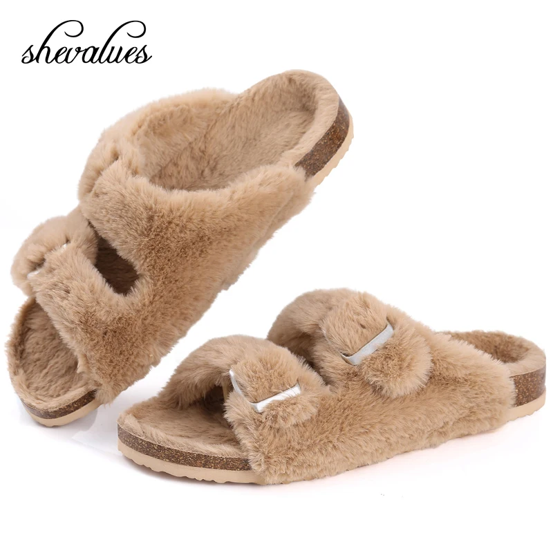 Top Trends: Shevalues Cork Footbed Plush Slippers For Women Winter Fur Furry Slippers Home Fluffy Slides With Arch Support Fuzzy Flip Flops Shoppable Styles