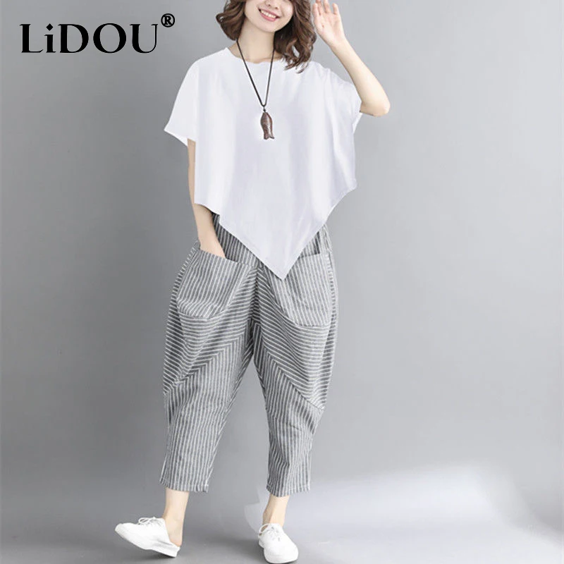 Top Trends: Korean Elegant Fashion Solid Color Short Sleeve T-Shirts Sets Women Elastic Waist Striped Irregular Cotton Hemp Haren Pant Suits Shoppable Styles