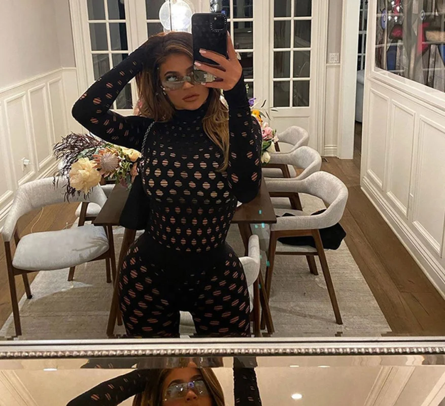 Top Trends: Sexy Hollow Out See Through Skinny Two-piece Set 2023 Women Fashion Turtlenck Bodysuit Leggings Suits Active High Street Outfit Shoppable Styles